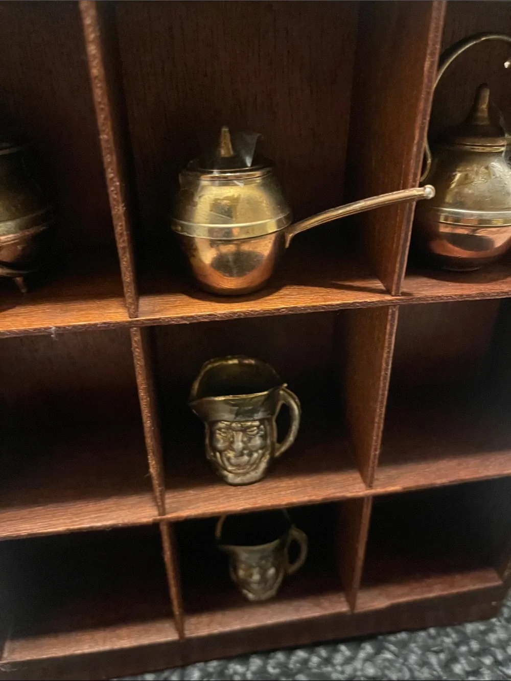 Brass Miniature Tea and Watering Can Set Gold and Brown w/wood shelf, vintage